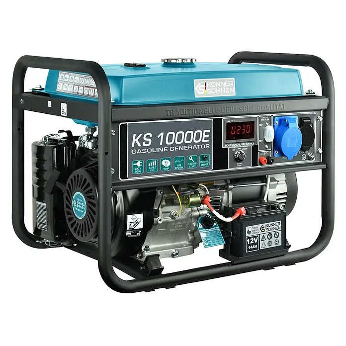 Könner & Söhnen Stromerzeuger KS 10000E - Nennleistung: 7,5 kW, Tankvolumen: 25 l - Blauer und schwarzer KS 10000E Benzingenerator mit robustem Rahmen, Digitalanzeige, Bedienfeld und Steckdosen.