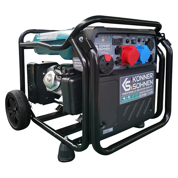 Könner & Söhnen Stromerzeuger KS 8100iE 1/3 ATSR - Nennleistung: 8 kW, Tankvolumen: 20 l - Schwarzer und türkiser Inverter-Generator von Könner & Söhnen mit Rädern und Bedienfeld.