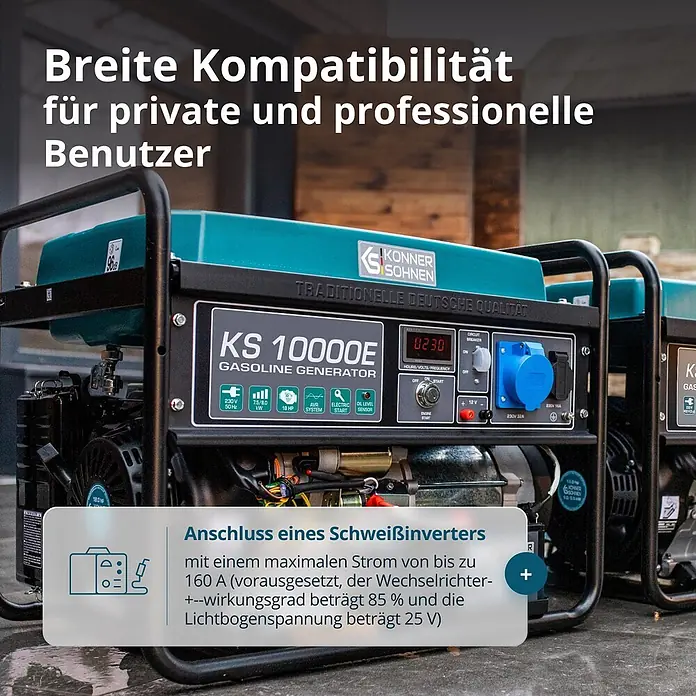 Könner & Söhnen Stromerzeuger KS 10000E - Nennleistung: 7,5 kW, Tankvolumen: 25 l - Ein schwarzer und türkiser Konner & Sohnen KS 10000E Benzingenerator mit Bedienfeld, geeignet für private und professionelle Nutzung, auch für Schweißinverter.