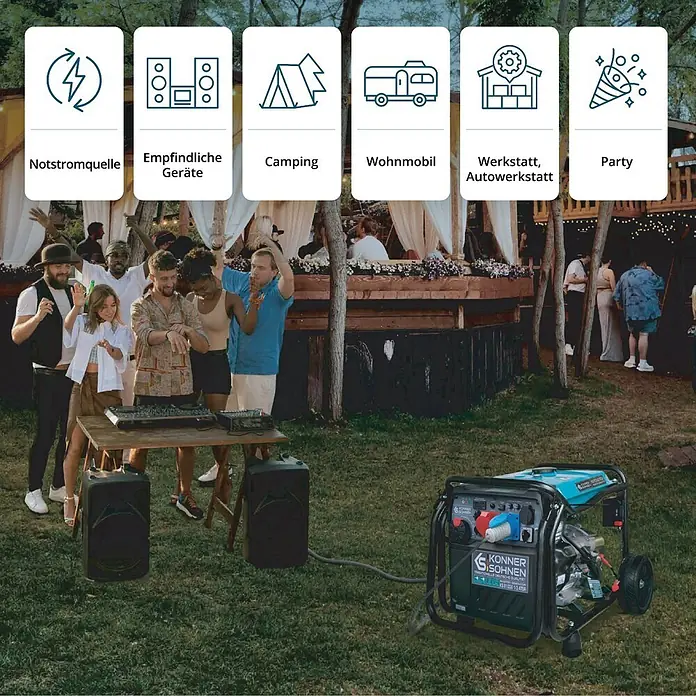 Könner & Söhnen Stromerzeuger KS 8100iE 1/3 ATSR - Nennleistung: 8 kW, Tankvolumen: 20 l - Blauer und schwarzer Könner & Söhnen Inverter-Generator versorgt DJ-Anlage und Lautsprecher auf einer Outdoor-Party mit Strom.