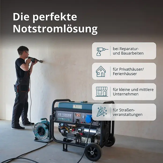 Könner & Söhnen Stromerzeuger KS 10000E - Nennleistung: 7,5 kW, Tankvolumen: 25 l - Blauer und schwarzer Benzingenerator versorgt einen Bohrer bei Bauarbeiten, demonstriert Vielseitigkeit.