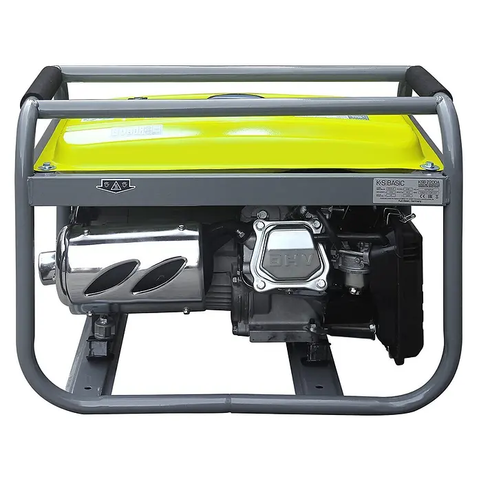 Könner & Söhnen Stromerzeuger KSB 2200A - Nennleistung: 2 kW, Tankvolumen: 12 l - Gelber und grauer tragbarer Stromgenerator mit Chromauspuff und schwarzen Motordetails.