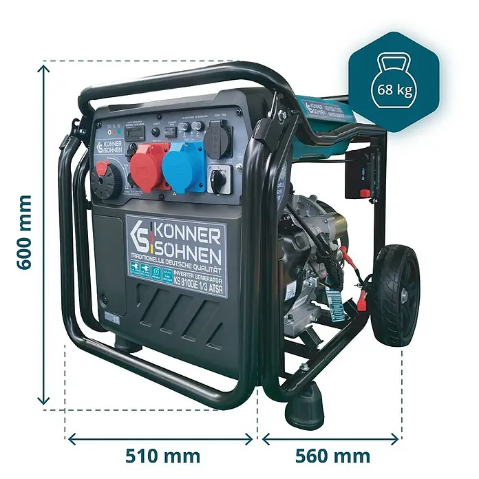 Könner & Söhnen Stromerzeuger KS 8100iE 1/3 ATSR - Nennleistung: 8 kW, Tankvolumen: 20 l - Könner & Söhnen Inverter-Generator, 600x510x560 mm, 68 kg, mit Bedienfeld und Rädern.