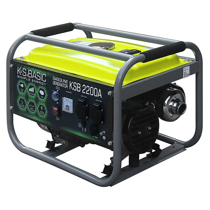 Könner & Söhnen Stromerzeuger KSB 2200A - Nennleistung: 2 kW, Tankvolumen: 12 l - Gelber und grauer tragbarer Benzingenerator von K&S Basic mit Bedienfeld und Ausgängen.