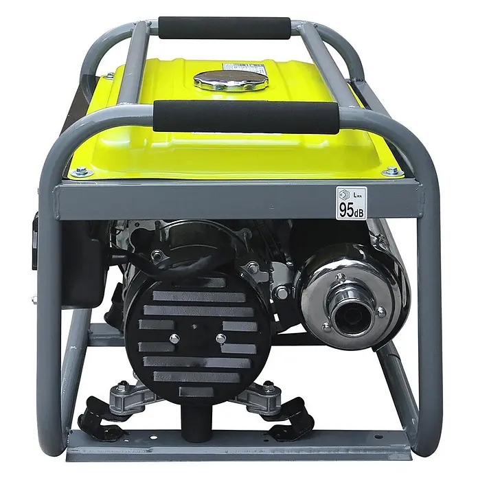 Könner & Söhnen Stromerzeuger KSB 2200A - Nennleistung: 2 kW, Tankvolumen: 12 l - Tragbarer Generator mit gelbem Kraftstofftank, grauem Rahmen und schwarzen Motorkomponenten, mit verchromtem Auspuff und 95 dB Label.