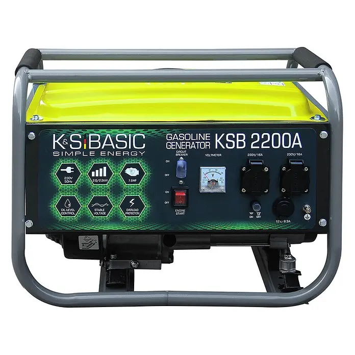 Könner & Söhnen Stromerzeuger KSB 2200A - Nennleistung: 2 kW, Tankvolumen: 12 l - K&S Basic KSB 2200A Benzingenerator mit gelbem Tank, grauem Rahmen und schwarzem Bedienfeld mit Steckdosen, Voltmeter und Symbolen.
