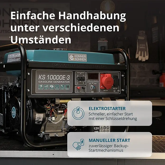Könner & Söhnen Stromerzeuger KS 10000E-3 - Nennleistung: 7,5 kW, Tankvolumen: 25 l - Türkiser und schwarzer Benzingenerator, der elektrische und manuelle Startoptionen für vielseitigen Einsatz hervorhebt.