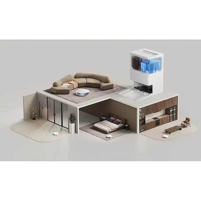 Mova Robot aspirador con mopa S70 Roller - Potencia de aspiración: 28.000 Pa, Capacidad del robot: 150 ml - Robots aspiradores blancos en un hogar moderno, con estación de limpieza y tanques de agua. Ilustra limpieza autónoma multihabitación.