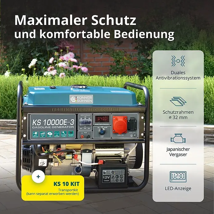 Könner & Söhnen Stromerzeuger KS 10000E-3 - Nennleistung: 7,5 kW, Tankvolumen: 25 l - Ein blauer und schwarzer Benzingenerator (KS 10000E-3) mit Bedienfeld und gelbem 'KS 10 KIT' Etikett, in einer Außenumgebung.