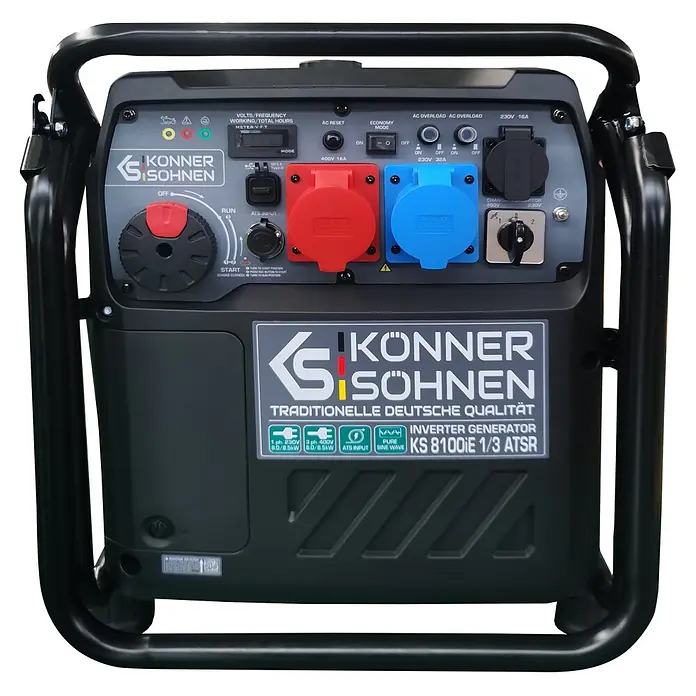 Könner & Söhnen Stromerzeuger KS 8100iE 1/3 ATSR - Nennleistung: 8 kW, Tankvolumen: 20 l - Dunkelgrauer Konner & Sohnen Inverter-Generator KS 8100iE 1/3 ATSR mit schwarzem Rahmen und Bedienfeld.