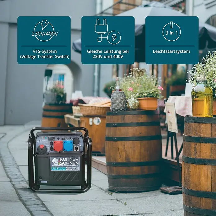 Könner & Söhnen Stromerzeuger KS 8100iE 1/3 ATSR - Nennleistung: 8 kW, Tankvolumen: 20 l - Schwarzer Könner & Söhnen Inverter Generator KS8100 auf einer Terrasse mit Holzfässern.