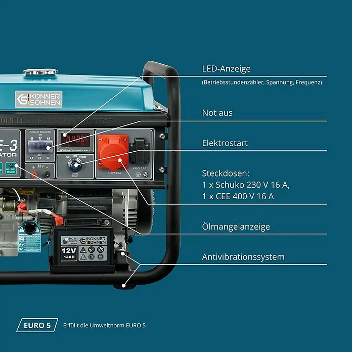 Könner & Söhnen Stromerzeuger KS 10000E-3 - Nennleistung: 7,5 kW, Tankvolumen: 25 l - Blauer und schwarzer tragbarer Stromerzeuger mit Bedienfeld, LED-Anzeige und mehreren Steckdosen. Mit Elektrostart und Antivibrationssystem.