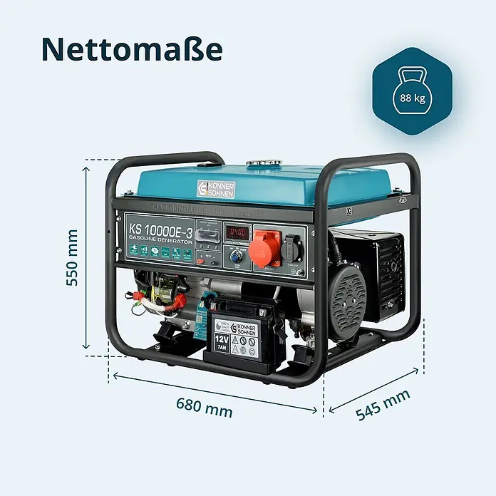 Könner & Söhnen Stromerzeuger KS 10000E-3 - Nennleistung: 7,5 kW, Tankvolumen: 25 l - Blauer und schwarzer Konner & Sohnen KS 10000E-3 Benzingenerator mit Maßen 680x545x550 mm und 88 kg Gewicht.