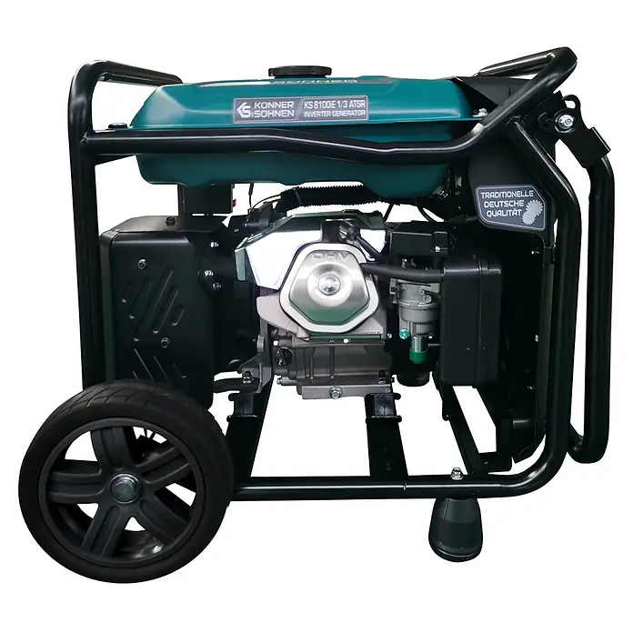 Könner & Söhnen Stromerzeuger KS 8100iE 1/3 ATSR - Nennleistung: 8 kW, Tankvolumen: 20 l - Türkiser und schwarzer Könner & Söhnen Inverter-Generator KS 8100E 1/3 ATSR auf Rädern mit stabilem schwarzem Rahmen und silbernen Motordetails.