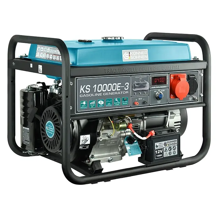 Könner & Söhnen Stromerzeuger KS 10000E-3 - Nennleistung: 7,5 kW, Tankvolumen: 25 l - Ein schwarzer und türkisfarbener Konner & Sohnen Benzingenerator mit Bedienfeld, mehreren Steckdosen und einer 12V Batterie.