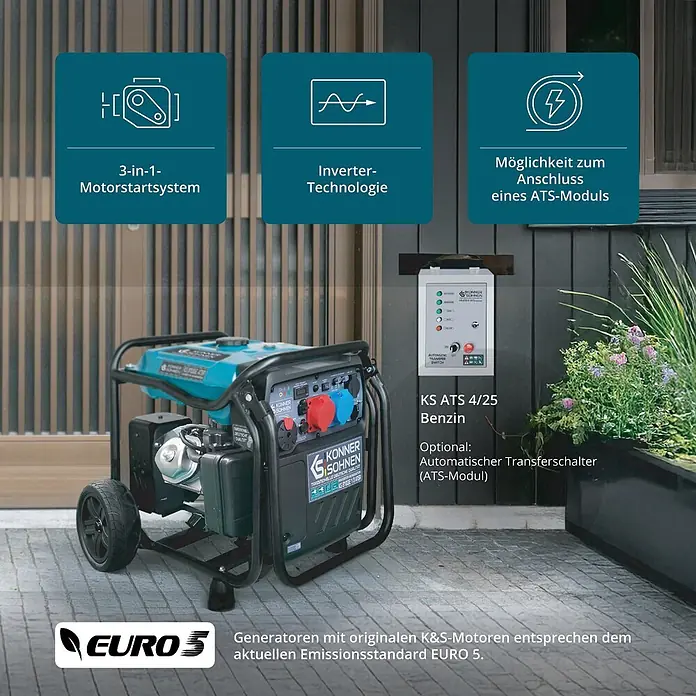 Könner & Söhnen Stromerzeuger KS 8100iE 1/3 ATSR - Nennleistung: 8 kW, Tankvolumen: 20 l - Schwarz-türkiser Inverter-Generator mit Rädern, ausgestattet mit 3-in-1-Startsystem und ATS-Modulanschluss.