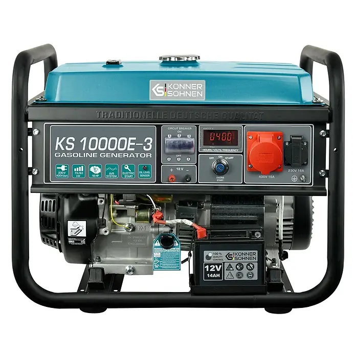 Könner & Söhnen Stromerzeuger KS 10000E-3 - Nennleistung: 7,5 kW, Tankvolumen: 25 l - Könner & Söhnen KS 10000E-3 Benzingenerator mit türkisem Tank und schwarzem Rahmen, Bedienfeld mit Steckdosen und Digitalanzeige.