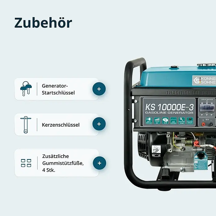 Könner & Söhnen Stromerzeuger KS 10000E-3 - Nennleistung: 7,5 kW, Tankvolumen: 25 l - Blauer und schwarzer Benzingenerator mit wichtigem Zubehör: Startschlüsseln, Kerzenschlüssel und Gummistützfüßen.