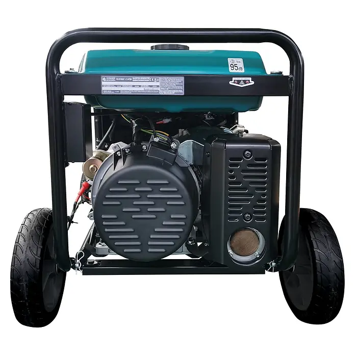 Könner & Söhnen Stromerzeuger KS 8100iE 1/3 ATSR - Nennleistung: 8 kW, Tankvolumen: 20 l - Ein schwarzer und türkiser tragbarer Stromerzeuger mit Rädern und Schutzrahmen.