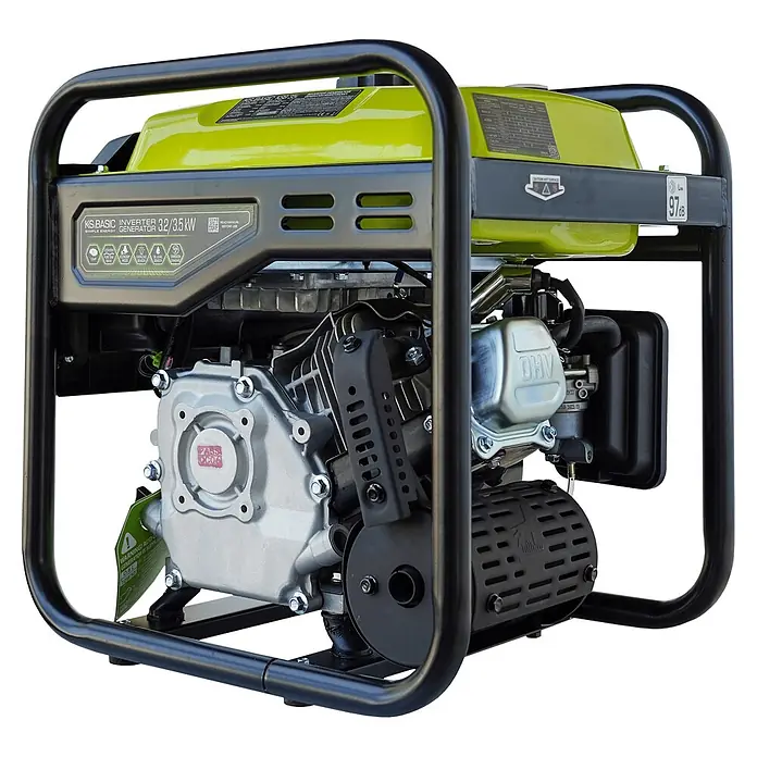 Könner & Söhnen Stromerzeuger KSB 35i - Nennleistung: 3,2 kW, Tankvolumen: 7,5 l - Ein robuster Inverter-Generator mit leuchtend grüner Abdeckung, schwarzem Schutzrahmen und silbernen Motorkomponenten. Er bietet 3,2/3,5 kW Leistung.
