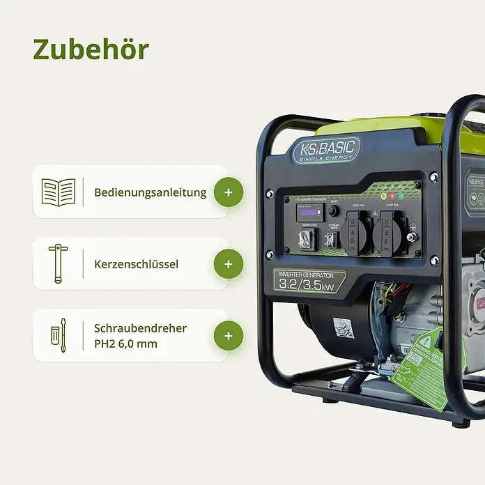 Könner & Söhnen Stromerzeuger KSB 35i - Nennleistung: 3,2 kW, Tankvolumen: 7,5 l - KS.BASIC Inverter-Generator in Schwarz und Limettengrün, gezeigt mit Bedienungsanleitung, Kerzenschlüssel und PH2 6,0 mm Schraubendreher als Zubehör.