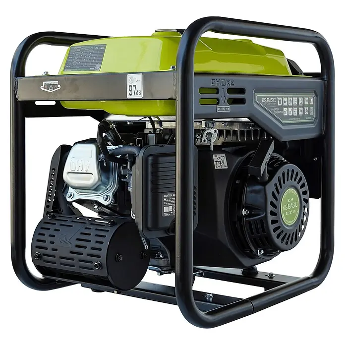 Könner & Söhnen Stromerzeuger KSB 35i - Nennleistung: 3,2 kW, Tankvolumen: 7,5 l - Ein robuster, grün-schwarzer tragbarer Inverter-Generator mit Schutzrahmen und zugänglichem Bedienfeld.