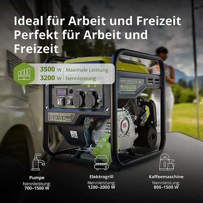 Könner & Söhnen Stromerzeuger KSB 35i - Nennleistung: 3,2 kW, Tankvolumen: 7,5 l - Schwarz-grüner Inverter-Generator für Arbeit und Freizeit im Freien, mit Leistungsangaben und Anwendungsbeispielen.