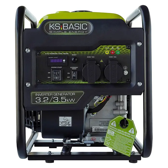 Könner & Söhnen Stromerzeuger KSB 35i - Nennleistung: 3,2 kW, Tankvolumen: 7,5 l - Grüner und schwarzer KS BASIC Inverter Generator (3,2/3,5kW) mit Bedienfeld und Steckdosen.