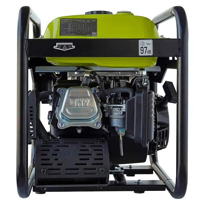 Könner & Söhnen Stromerzeuger KSB 35i - Nennleistung: 3,2 kW, Tankvolumen: 7,5 l - Limettengrüner Notstromgenerator mit schwarzem Rahmen, silbernem OHV-Motor und sichtbaren Wartungs- und Warnhinweisen (97dB).