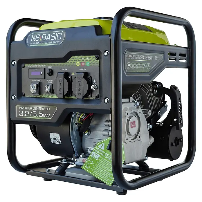 Könner & Söhnen Stromerzeuger KSB 35i - Nennleistung: 3,2 kW, Tankvolumen: 7,5 l - Ein schwarz-limettengrüner Inverter-Generator mit robustem Rahmen, Bedienfeld und Motorkomponenten.