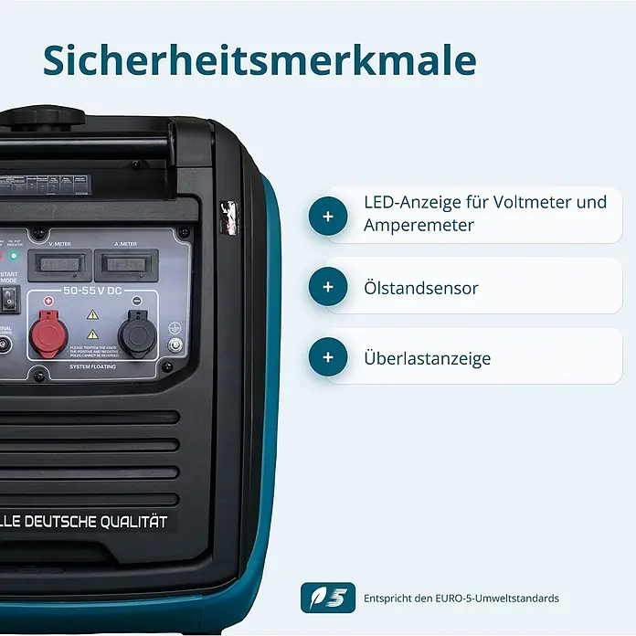 Könner & Söhnen Stromerzeuger KS 48VGS-DC - Nennleistung: 3,3 kW, Tankvolumen: 12 l - Ein dunkelblauer und schwarzer tragbarer Stromgenerator mit Bedienfeld und LED-Anzeigen für Voltmeter und Amperemeter.