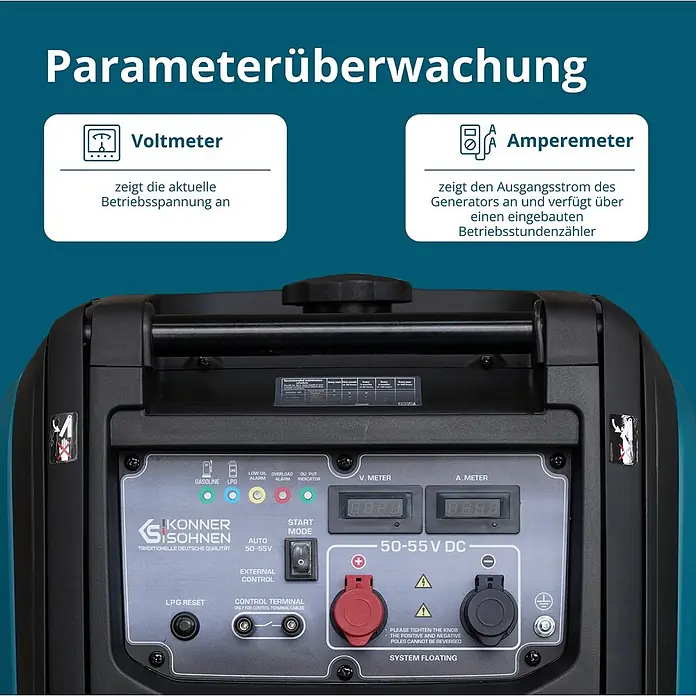 Könner & Söhnen Stromerzeuger KS 48VGS-DC - Nennleistung: 3,3 kW, Tankvolumen: 12 l - Schwarzes und graues Bedienfeld eines Generators mit Digitalanzeigen für Voltmeter und Amperemeter, Kontrollleuchten, Schaltern und 50-55V DC Ausgangsanschlüssen.