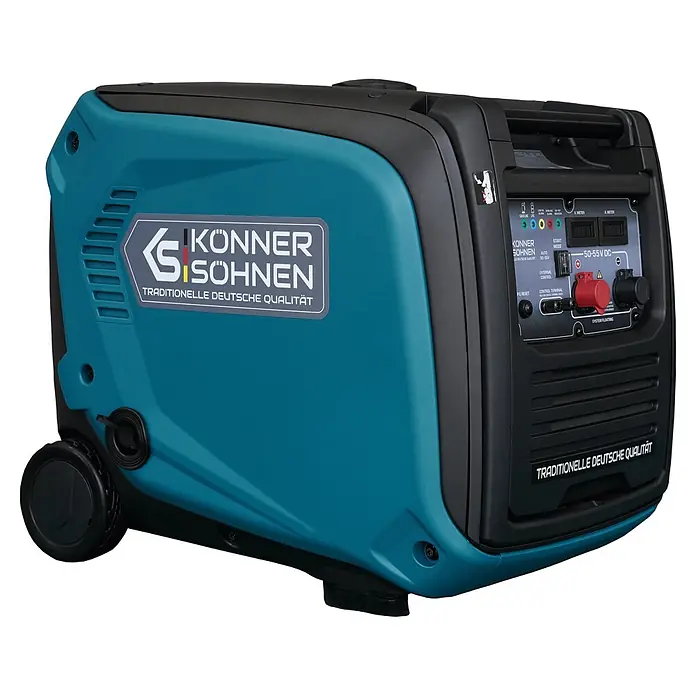 Könner & Söhnen Stromerzeuger KS 48VGS-DC - Nennleistung: 3,3 kW, Tankvolumen: 12 l - Petrol-türkiser und schwarzer tragbarer Inverter-Generator mit Rädern und Bedienfeld.