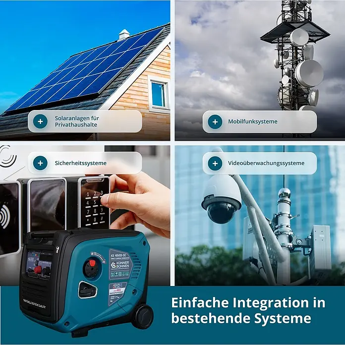 Könner & Söhnen Stromerzeuger KS 48VGS-DC - Nennleistung: 3,3 kW, Tankvolumen: 12 l - Ein blauer und schwarzer tragbarer Konner & Sohnen Gleichstromgenerator für 48V-Backup-Systeme, neben einer Sicherheitstastatur.