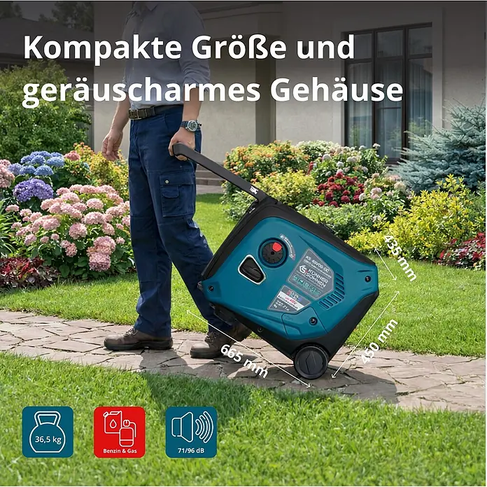 Könner & Söhnen Stromerzeuger KS 48VGS-DC - Nennleistung: 3,3 kW, Tankvolumen: 12 l - Kompakter, tragbarer Generator in Türkis-Schwarz mit Rädern, von einer Person auf einem Gartenweg gezogen.