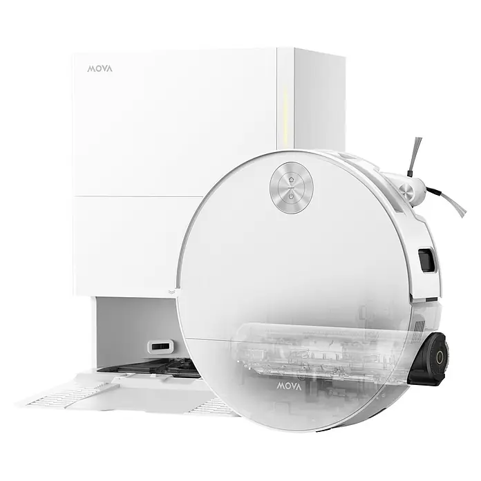 Mova Robot aspirador con mopa S70 Roller - Potencia de aspiración: 28.000 Pa, Capacidad del robot: 150 ml - Robot aspirador blanco con componentes transparentes, junto a su estación de autovaciado/carga blanca a juego con tira de luz.