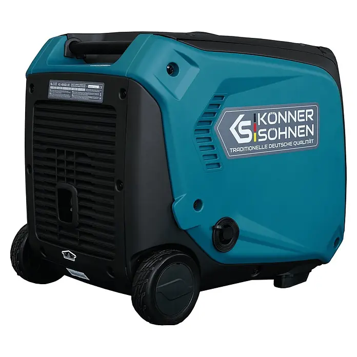 Könner & Söhnen Stromerzeuger KS 48VGS-DC - Nennleistung: 3,3 kW, Tankvolumen: 12 l - Türkis-schwarzer tragbarer Könner & Söhnen Gleichstromgenerator mit Rädern und Griff.
