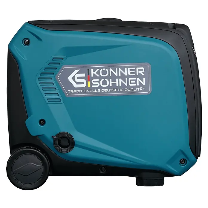 Könner & Söhnen Stromerzeuger KS 48VGS-DC - Nennleistung: 3,3 kW, Tankvolumen: 12 l - Türkis-schwarzer tragbarer Inverter-Generator mit Rädern, mit dem Könner & Söhnen Logo.