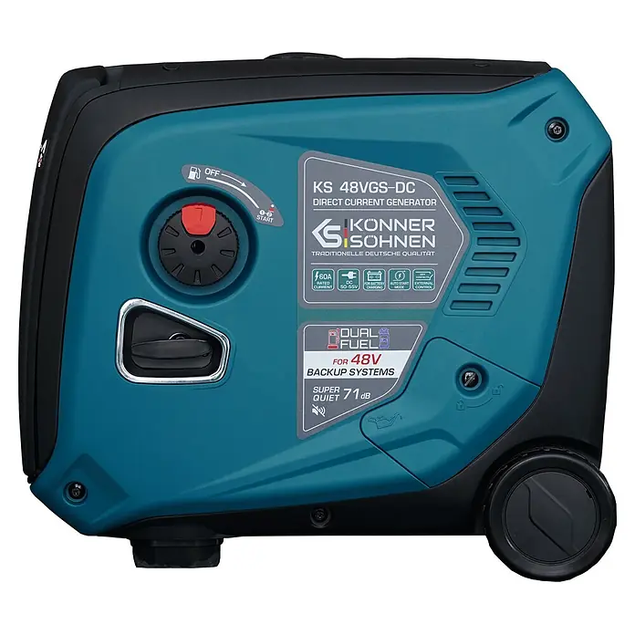Könner & Söhnen Stromerzeuger KS 48VGS-DC - Nennleistung: 3,3 kW, Tankvolumen: 12 l - Türkis-schwarzer tragbarer Dual-Fuel-Gleichstromgenerator für 48V-Notstromsysteme, mit Bedienfeld und Griff.