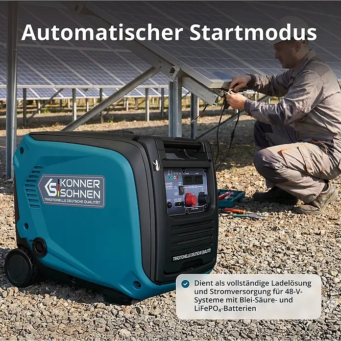 Könner & Söhnen Stromerzeuger KS 48VGS-DC - Nennleistung: 3,3 kW, Tankvolumen: 12 l - Türkis-schwarzer Könner & Söhnen tragbarer Wechselrichter-Generator neben Solarmodulen, bietet automatischen Start und 48V-Laden.