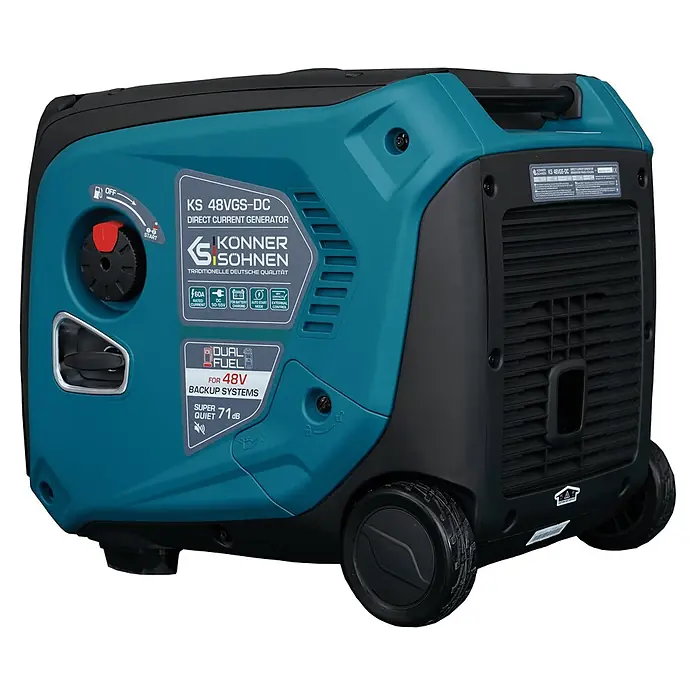 Könner & Söhnen Stromerzeuger KS 48VGS-DC - Nennleistung: 3,3 kW, Tankvolumen: 12 l - Türkis-schwarzer Konner & Sohnen KS 48VGS-DC Dual-Fuel-Generator mit Rädern, für 48V Backupsysteme, 71 dB leise.