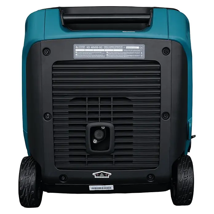 Könner & Söhnen Stromerzeuger KS 48VGS-DC - Nennleistung: 3,3 kW, Tankvolumen: 12 l - Türkis-schwarzer tragbarer Gleichstromgenerator mit Rädern und Griff, zeigt die Rückseite mit technischen Daten.
