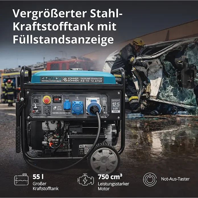 Könner & Söhnen Stromerzeuger KS 15-1E ATSR - Nennleistung: 12 kW, Tankvolumen: 55 l - Blau-schwarzer Konner & Söhnen Generator mit 55L Tank, 750cm³ Motor und 12.5kW Leistung, im Einsatz bei einer Rettung.