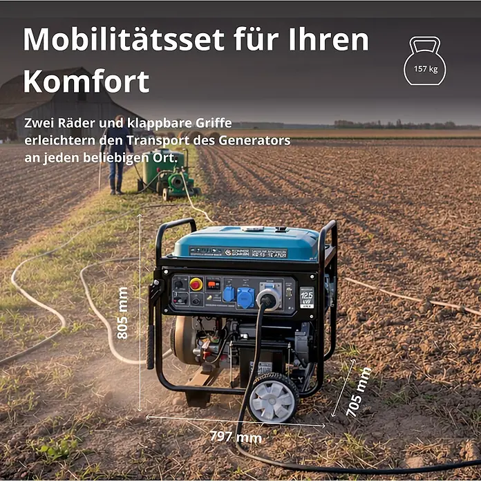 Könner & Söhnen Stromerzeuger KS 15-1E ATSR - Nennleistung: 12 kW, Tankvolumen: 55 l - Ein blau-schwarzer Generator mit Rädern und Metallrahmen steht draußen auf einem Feld. Abmessungen (805mm, 797mm, 705mm) und Gewicht (157kg) betonen seine Mobilität.