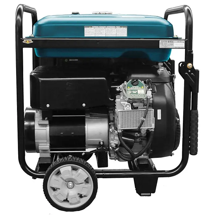 Könner & Söhnen Stromerzeuger KS 15-1E ATSR - Nennleistung: 12 kW, Tankvolumen: 55 l - Ein tragbarer Generator mit schwarzem Metallrahmen, türkisfarbenem Kraftstofftank und grauen Rädern.