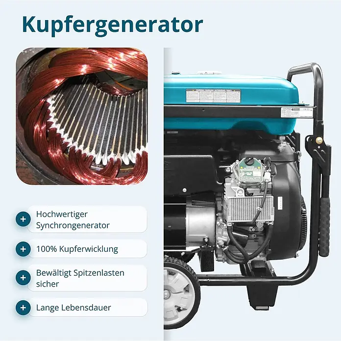 Könner & Söhnen Stromerzeuger KS 15-1E ATSR - Nennleistung: 12 kW, Tankvolumen: 55 l - Ein schwarzer und türkiser Stromerzeuger mit Blick auf die Kupferwicklungen.