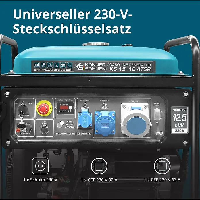 Könner & Söhnen Stromerzeuger KS 15-1E ATSR - Nennleistung: 12 kW, Tankvolumen: 55 l - Blau-schwarzer Benzingenerator von Konner & Söhnen mit Bedienfeld und mehreren Steckdosen.