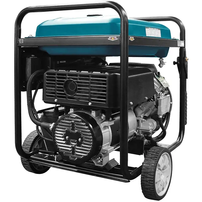 Könner & Söhnen Stromerzeuger KS 15-1E ATSR - Nennleistung: 12 kW, Tankvolumen: 55 l - Ein tragbarer Generator mit schwarzem Rahmen, türkisfarbenem Tank und schwarzen Motorkomponenten, für mobile Stromversorgung.