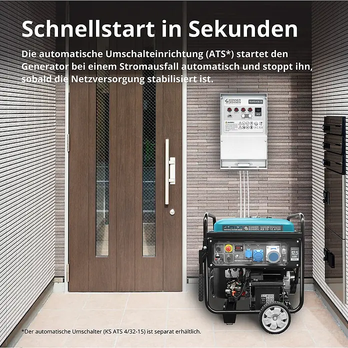 Könner & Söhnen Stromerzeuger KS 15-1E ATSR - Nennleistung: 12 kW, Tankvolumen: 55 l - Ein blauer und schwarzer Benzingenerator mit Rädern steht neben einem weißen automatischen Umschalter an einer Hauswand, bereit für die automatische Notstromversorgung.