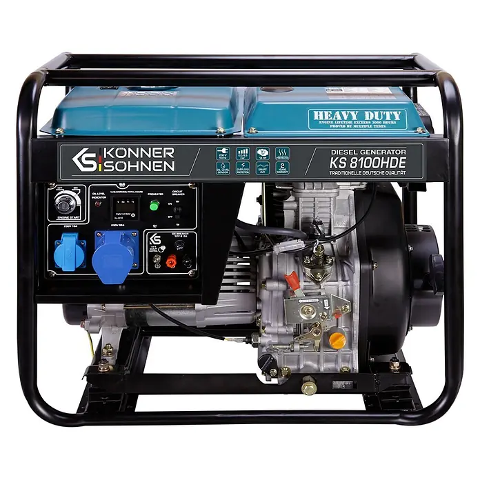 Könner & Söhnen Stromerzeuger KS 8100HDE - Tankvolumen: 11 l - Schwarz-blauer Dieselgenerator mit Bedienfeld, Steckdosen und robustem Motor. Modell KS 8100HDE.